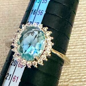 NATURAL AQUAMARINE 925 HALO RING LIGHT BLUE ROUND ART DECO STATEMENT RING